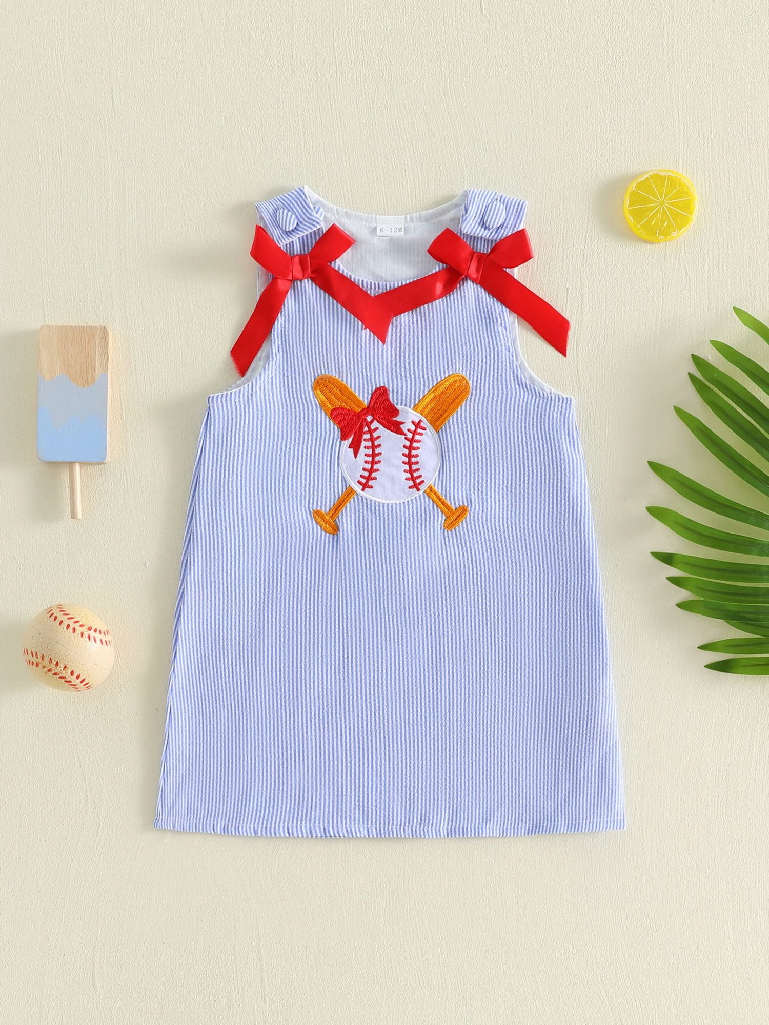 BemeyourBBs Toddler Baby Girl Summer Striped Tank Dress Overalls 6 12 18 24 Months 2 3 4 5  Years Cute Baseball Embroidery Cute Bow Sleeveless Overalls Casual Dress