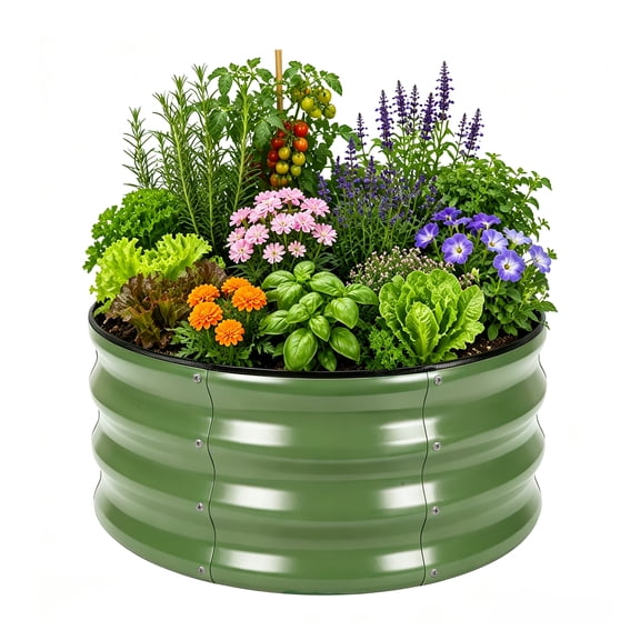 23.6 Inch Round Galvanized Metal Raised Garden Bed, 12.2in Height Open Bottom Planter Box, Avocado Green Galvanized Steel Outdoor Raised Planter for Vegetables, Flowers, Herbs