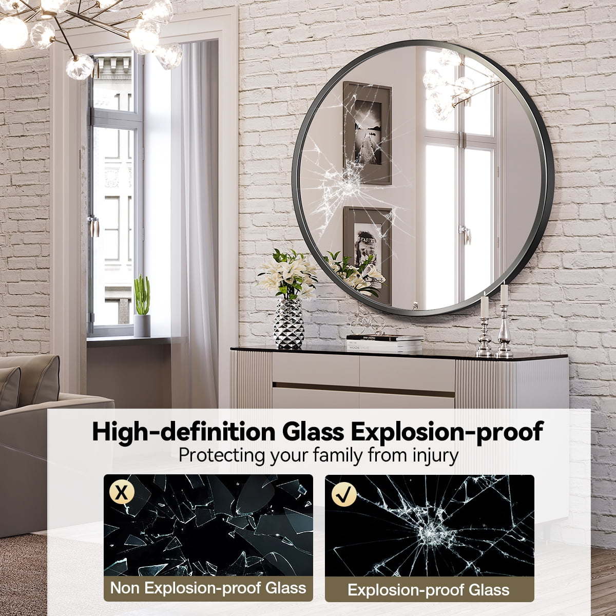 Scifil Black Round Mirror, 24 Inch Bathroom Wall Mirror, Modern Round Circle Wall Vanity Mirror with Metal Frame for Home Decor, Easy Hanging