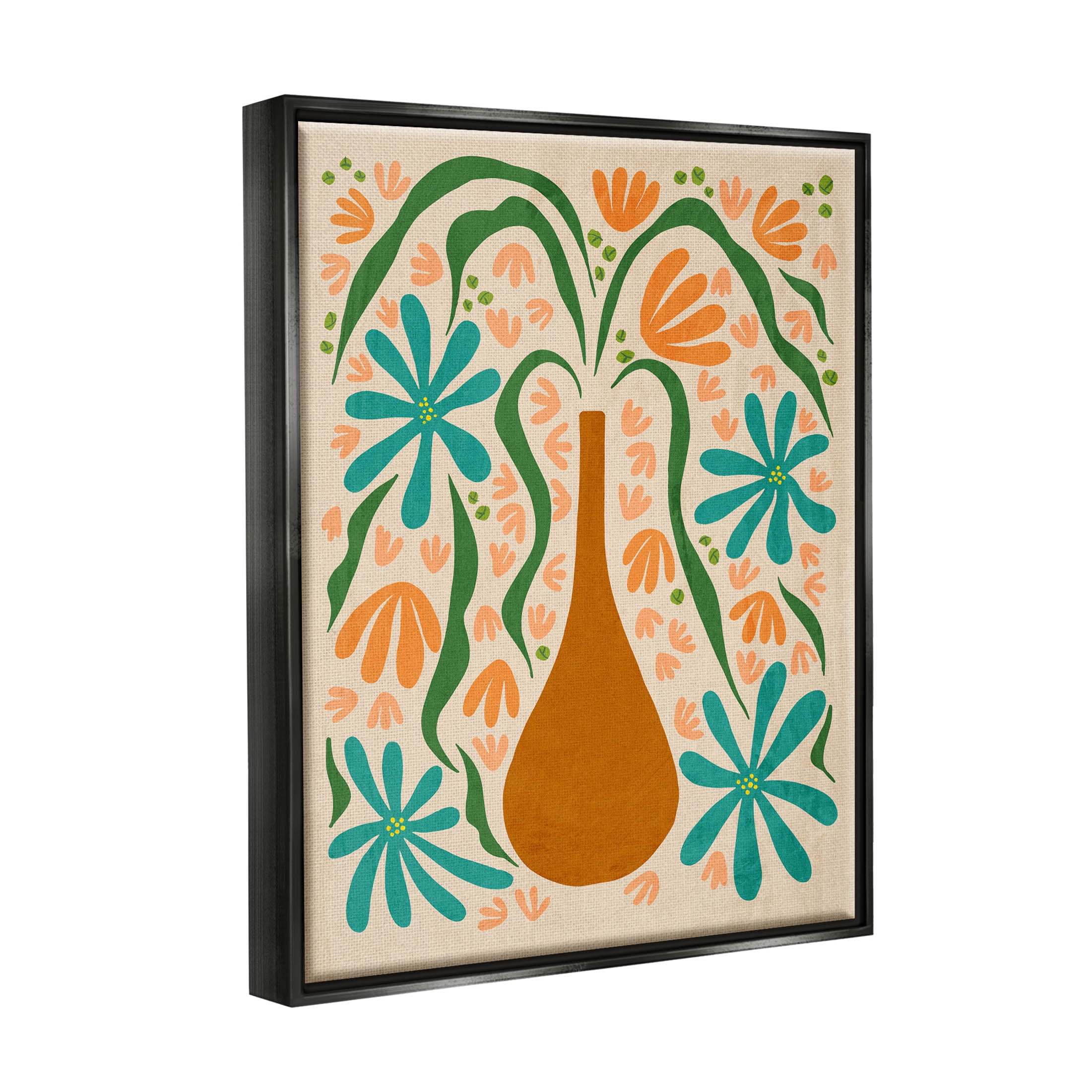 Stupell Industries Retro Floral Shapes Vase Graphic Art Jet Black Floating Framed Canvas Print Wall Art, Design by Ziwei Li