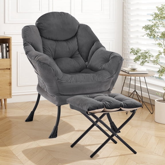 AUNEKIV Lazy Chair with Ottoman, Modern Sofa Armchair with Side Pocket, Accent Chair with Footrest for Bedroom, Darkgrey