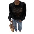 thumbnail image 2 of Women's Crochet Sweater Crew Neck Long Sleeve Tie Open Back Cropped Sweater Knit Pullover Top Black S, 2 of 10