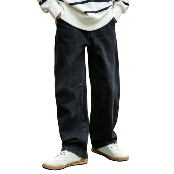 Edvintorg Streetwear Jeans for Boys Elastic Waist Casual Straight Leg Denim Pants with Pockets Teen Boy Clothes Size 5-15