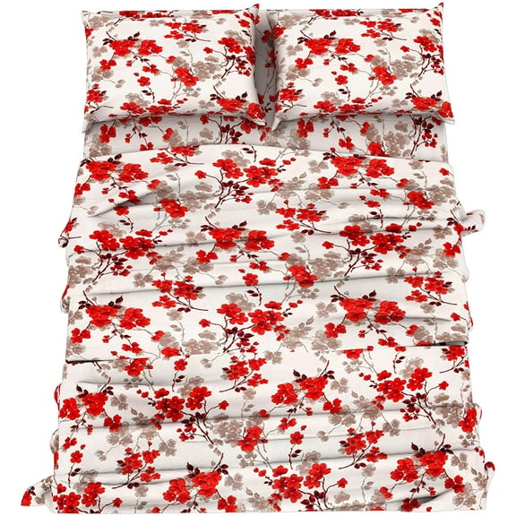 Microfiber Bed Sheet Set Lightweight Set - Flat Sheet Fitted Sheet Pillowcases - Extra Soft Shrinkage & Fade Resistant with Deep Pockets up tp 16” Mattress (Queen, Cherry Floral)