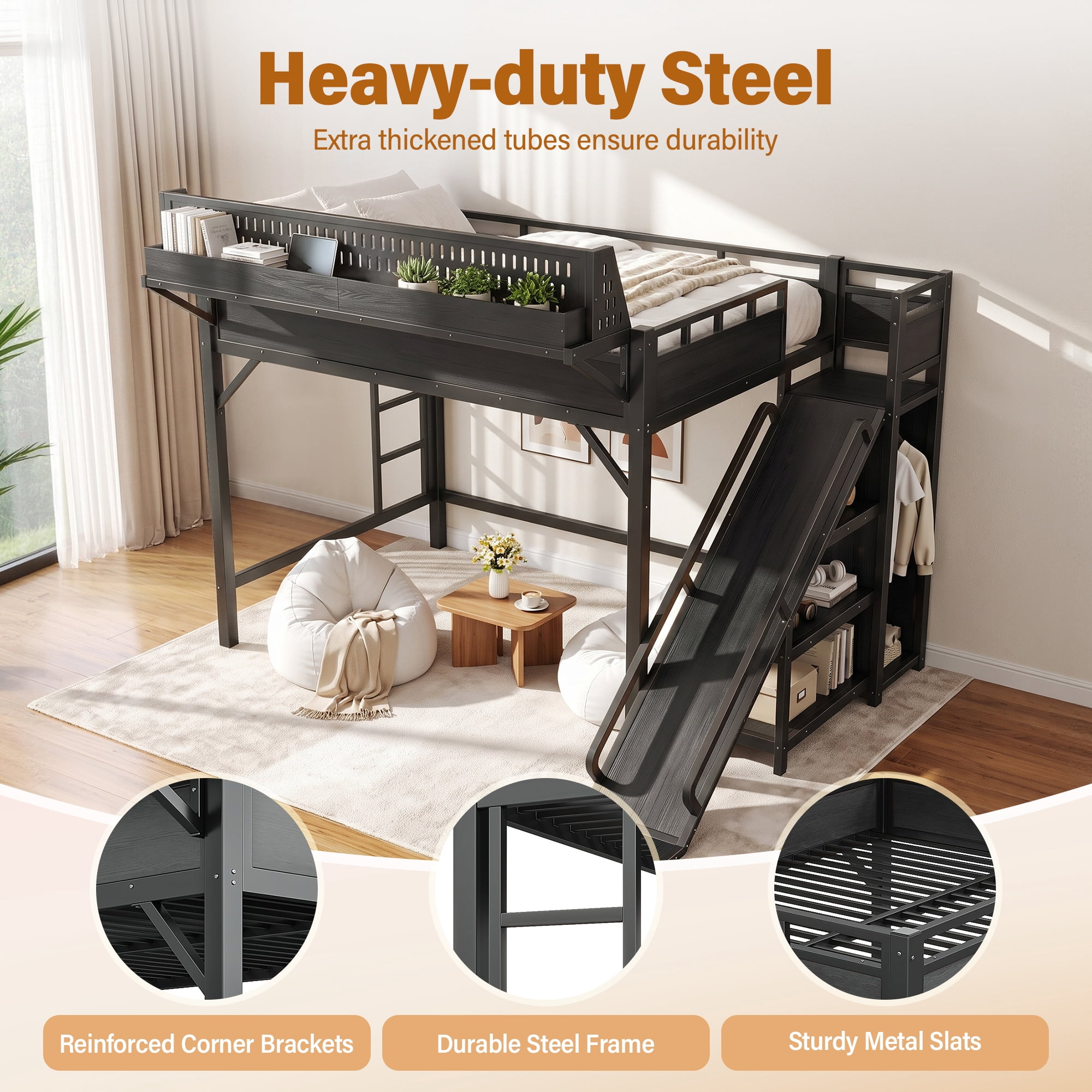 Aukfa Full Size Metal Loft Bed with Slide, Shelves, Wardrobe, USB Ports & LED Lights, Space-Saving Bed Frame for Kids Teens Adults, Black