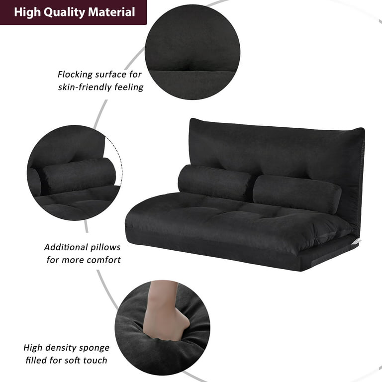  Sofá futón plegable de 5 posiciones con respaldo ajustable y  marco de acero para video de juegos, sofá cama multifuncional con 2  almohadas lumbares y cojín grueso para sala de estar