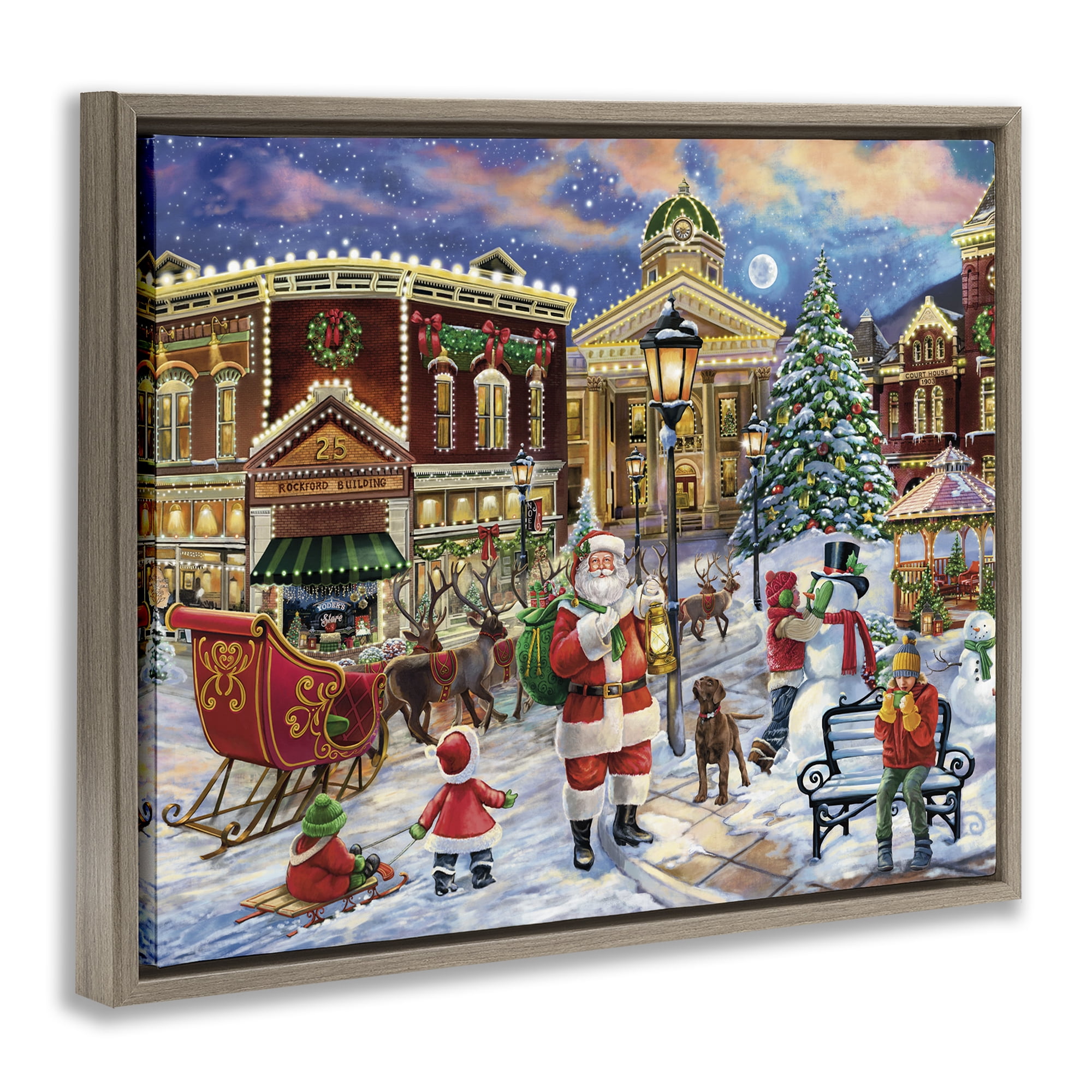 Stupell Industries Santa in Town Square Holiday Painting Brown Floater Framed Art Print Wall Art, 31 x 25