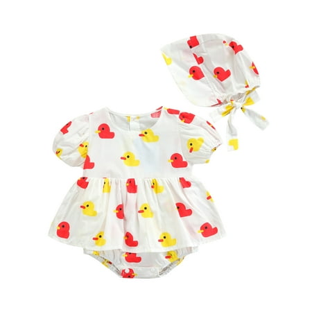 

EYIIYE Baby Girls Summer Puff Sleeves Cartoon Print Tutu Romper with Sun Hat Outfits Set