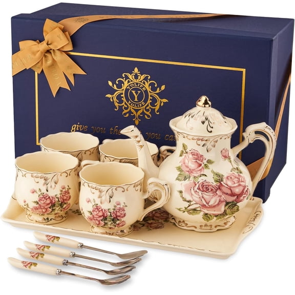 GBBG Porcelain Tea Set Vintage Rose, Tea Cups with Teapot, Serving Tray and Teaspoon Service for 4, Suitable for Tea Party Gifts