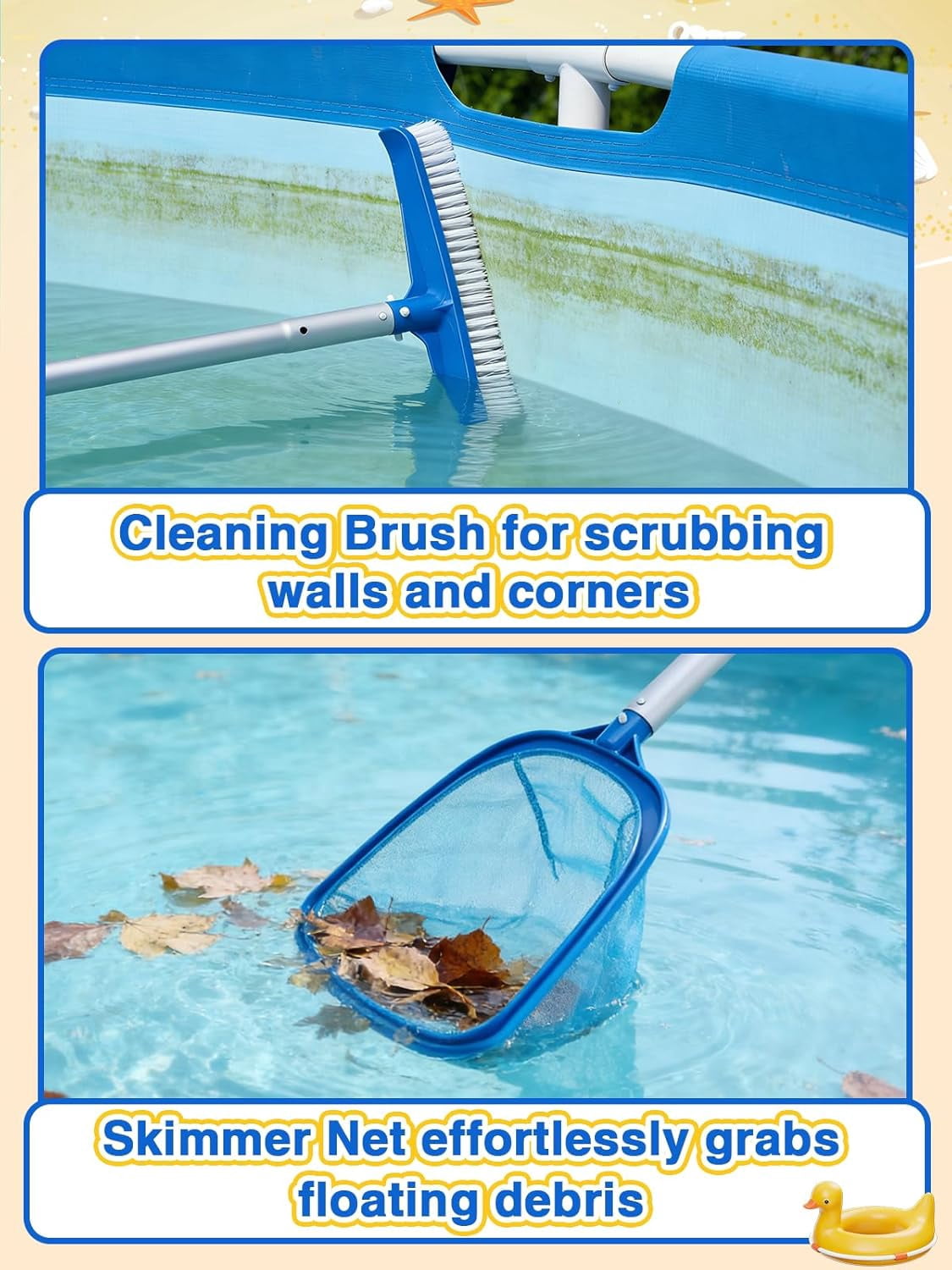 3-in-1 Portable Pool Cleaning Kit for Above Ground Pools - Includes Vacuum Cleaner with Mesh Bags, Brush, Skimmer Nets, 6.2ft Adjustable Pole for Spas, Inflatable or Frame Swimming Pools Maintenance