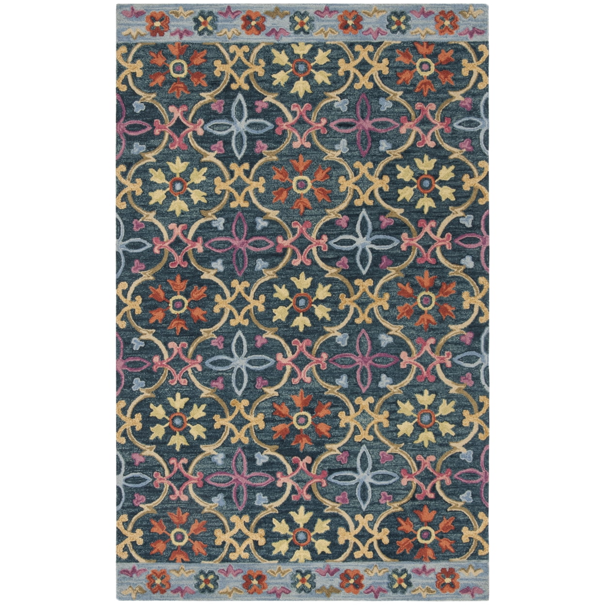SAFAVIEH Suzani Ethelinda Geometric Swirls Wool Area Rug, Blue/Multi, 5' x 8'
