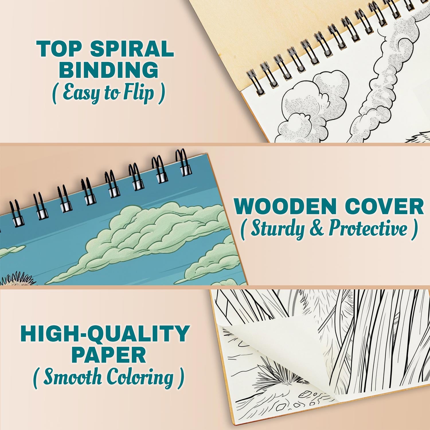 Netecom Ostrich Coloring Book Spiral Bound for Adults, A5 Wooden Cover, 30 Amazing Coloring Pages of Ostriches for Stress Relief and Relaxation