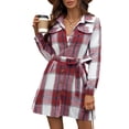 thumbnail image 2 of Women's Casual Dress Long Sleeve Stripe Plaid Elegant Loose Fit Midi Dress for Spring Fall Office Daily,Red,XL, 2 of 7