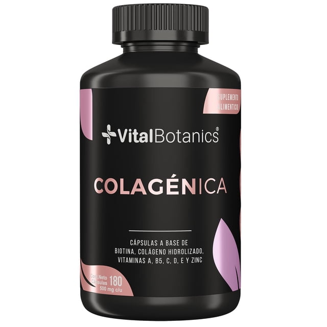 colágeno hidrolizado vital botanics 180 caps suplemento en frasco negro con etiqueta rosa y blanca, marca VitalBotanics, texto principal "COLAGÉNICA", 180 cápsulas (500 mg c/u), indica biotina y colágeno hidrolizado, tapa de rosca negra y fondo neutro.