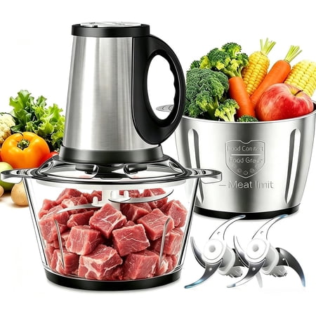 3-Speed Electric Processor: Meat , Vegetable & Maker - 300W, 2 Bowls (8 Cup Stainless Steel+8 Cup Glass), Quiet Operation