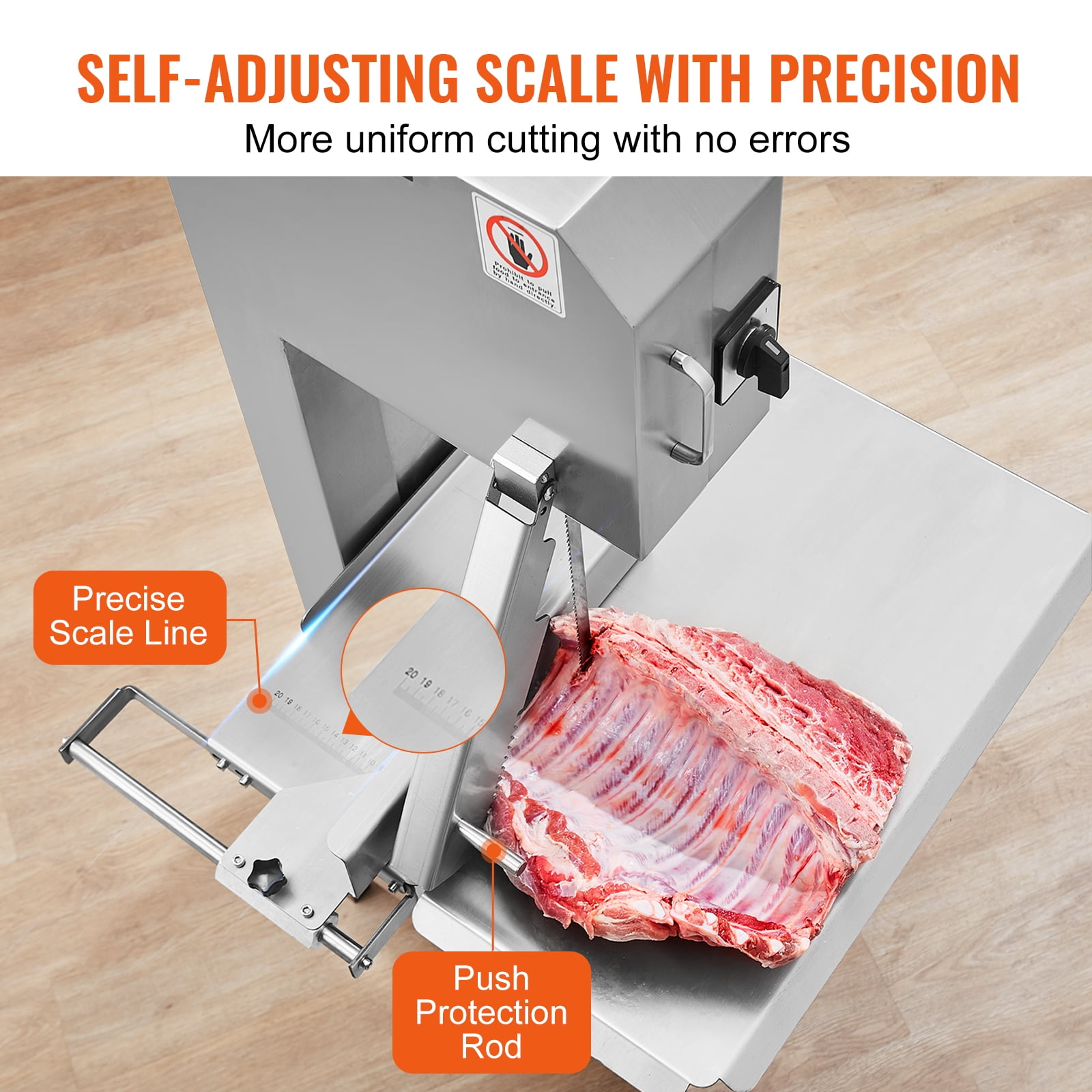 VEVOR Commercial Electric Meat Bandsaw,2200W Stainless Steel Vertical Bone Sawing Machine, Workbeach 24.4" x 20.5",0.16-8.7 Inch Cutting Thickness, Frozen Meat Cutter with 6 Blades for Rib Pork Beef