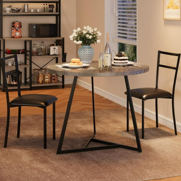 Dining Table Set for 2, Kitchen Table and Chairs for 2 with Upholstered Chairs, 3 Piece Dining Room Table Set, Round Kitchen Table Set for Small Space, Apartment, Studio, Rustic Gray