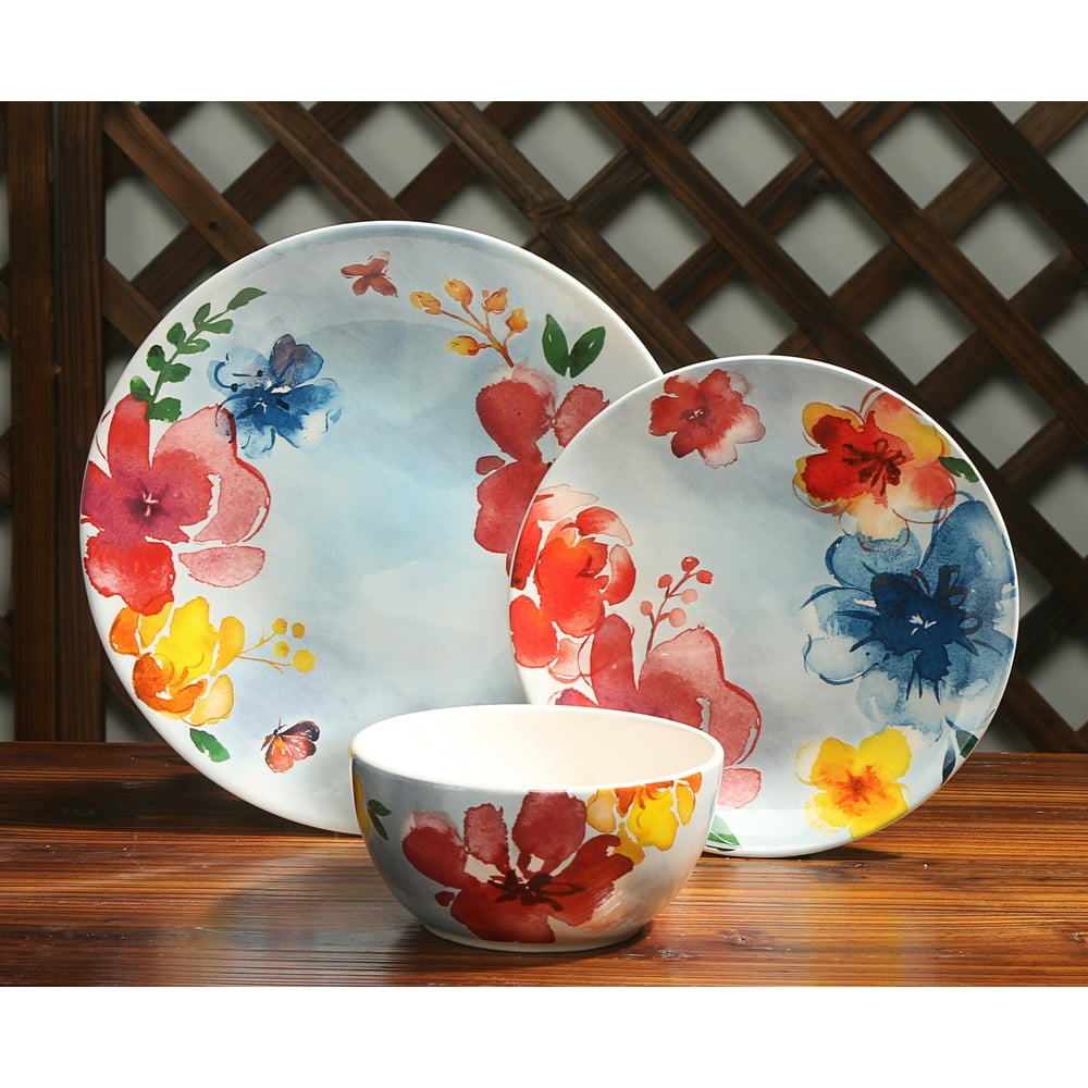 Mainstays Blue Floral Print Ceramic 12Piece Dinnerware Set Walmart