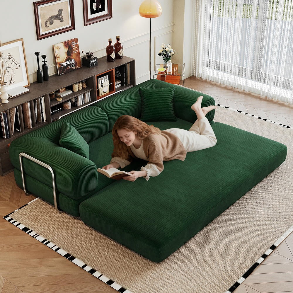 Barara King 78.8" Convertible Sofa Bed, Comfy Futon Sleeper with Pillow Back Support, Armrest, Modular Sectional Design, Boneless Loveseats for Living Room, Bedroom, Corduroy, Green