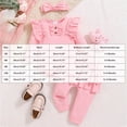 thumbnail image 3 of NIEWTR Newborn Baby Girl Clothes Short Sleeve Letter Print Ribbed Romper Floral Pants Headband 3Pcs Clothing Set(A-Pink,12-18 Months), 3 of 6