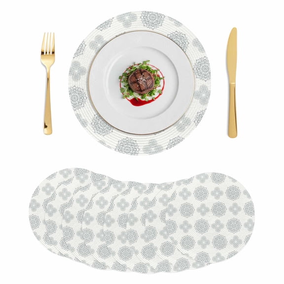 Blue Green Bohemia Round 13 Inch Placemats Set of 8, Vintage Abstract Boho Flowers Cream HeatResistant Non Slip Place Mats for Dining Table, Wipeable Braided Kitchen Table Mats for Housewarming