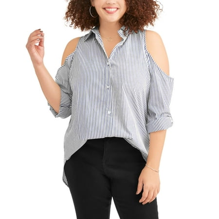 Junior's Plus Striped Cold Shoulder Button Down Tunic