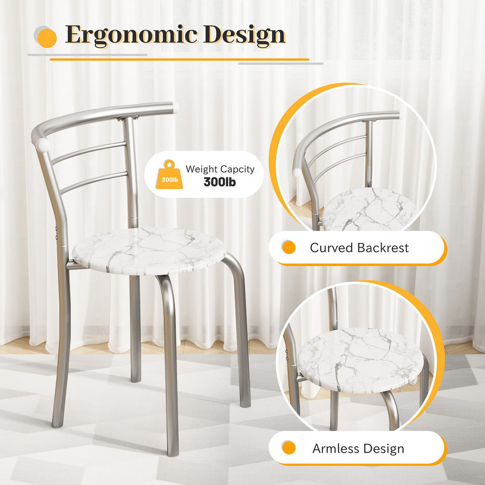 Lacoo 3-Piece Small Dining set, Table and Chair Set for 2 ,for Living Room, Dining Room, Kitchen, Marble & Sliver