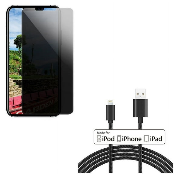 Privacy Screen Protector w MFi USB Cable for iPhone XR - Tempered Glass Curved Anti-Spy Anti-Peep, 6ft Certified Charger Cord Power