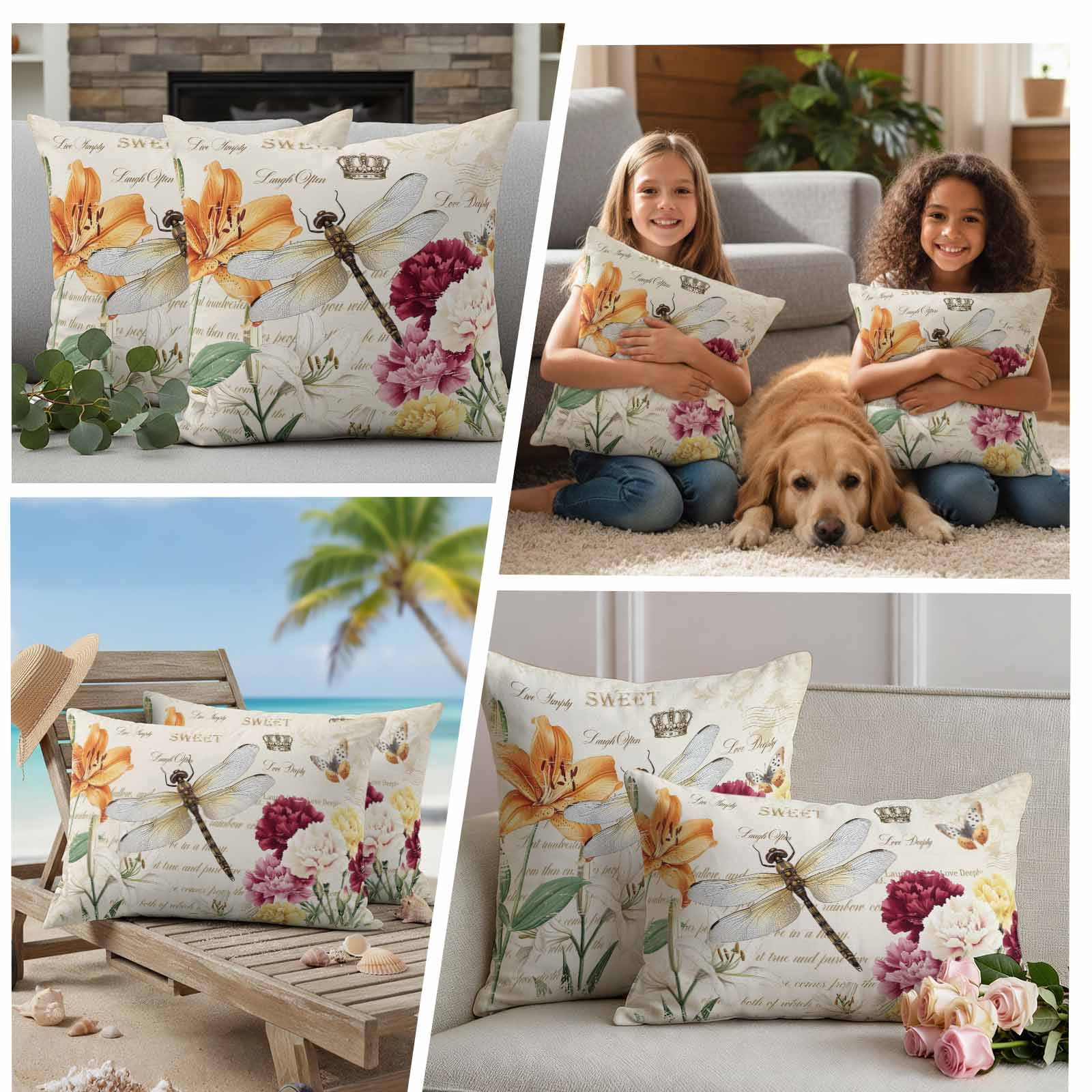 Outdoor Waterproof Pillow Covers Spring Blossom Flower Dragonfly Decorative Throw Pillow Protectors,Pillowcase Cushion Cases for Patio Sofa Garden Couch,16x16in,Pack of 2