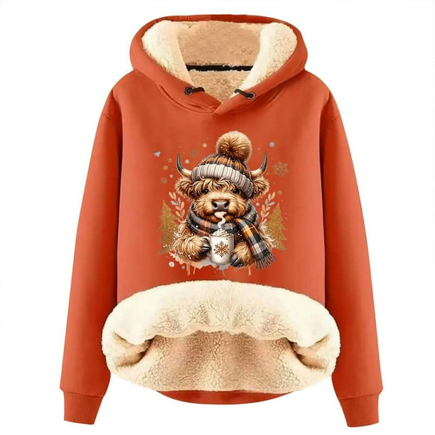 WILLBEST Sudadera con Capucha Oversize para Mujer, con Estampado Navideño de Vaca y Cordero Mediana