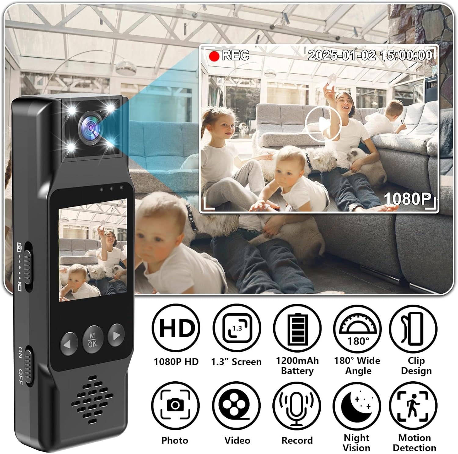 Body Camera with Audio and Video Recording 1080P Bodycam Handheld Video Recorder with 1.3" Screen, 180° Rotating Lens, 6h Battery, 4 Fill Lights, Motion Detection for Personal Civilians Travel