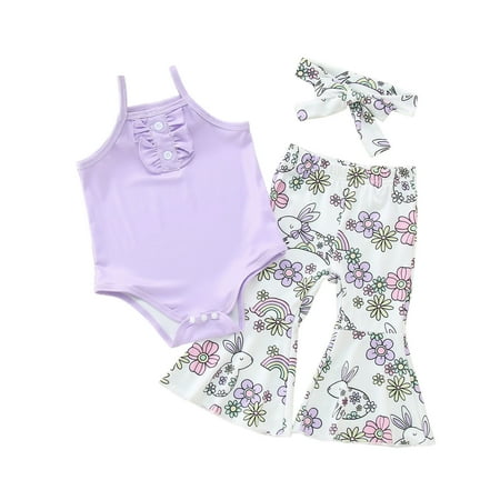 

KUNKASA Pullover Sets For Children Oversize Toddler Girls Easter Sleeveless Cartoon Rabbit Prints Romper Pants Headbands Shirt Crewneck Outfit 12-18 Months