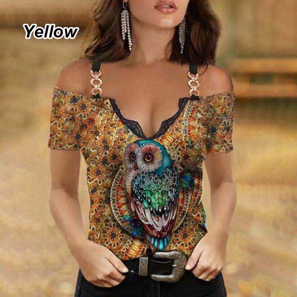 mujer moda v-cuello de encaje mariposa impreso spaghetti correa camisetas fuera del hombro manga corta blusa señoras casual algodón topspangjing