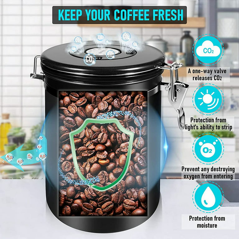  Airtight Coffee Container, 1.8L Stainless Steel Kitchen Canister  Coffee Jar with with Date Tracker and Airtight Lids for Coffee Bean Ground  Coffee Sugar Tea Flour : Home & Kitchen