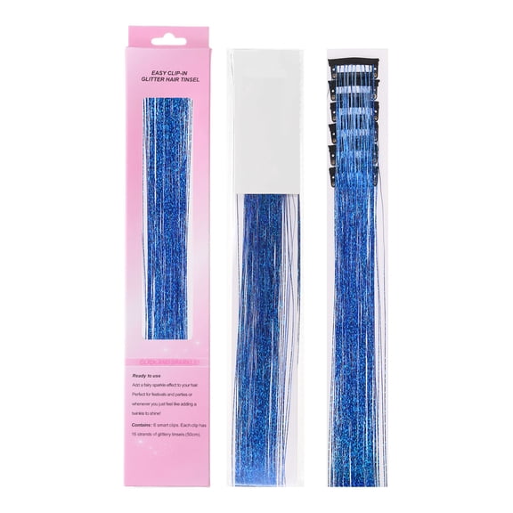 Uxcell 6 Pack Clip in Hair Tinsel Kit, 20 Inch Sparkle Fairy Hair Extensions Clips Heat Resistant Colorful Glitter Hair Accessories for Women, Sapphire Blue