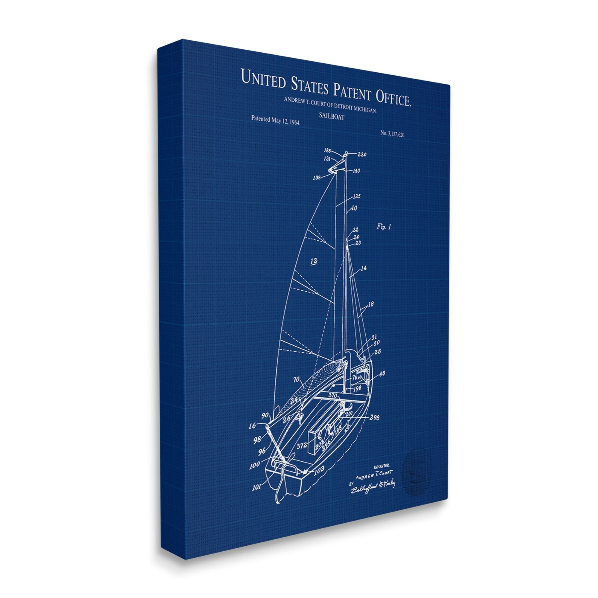 Stupell Industries Sailboat Watercraft Blue Patent Office Diagram Blueprint Canvas Wall Art, 16 x 20, Design by Karl Hronek