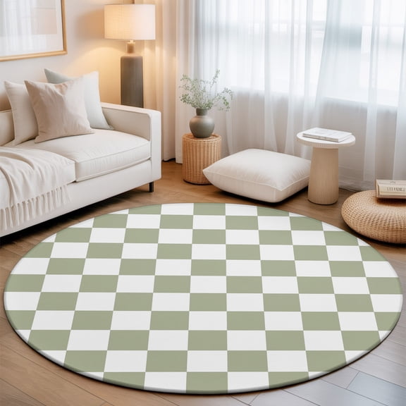 Green Checkered Round Living Room Rugs 8 ft, Country Farmhouse Minimalist Geometric Plaid Gingham Washable Large Area Rug with Non-Slip Sturdy Edge Binding Round Carpet for Dining Room Kitchen Office