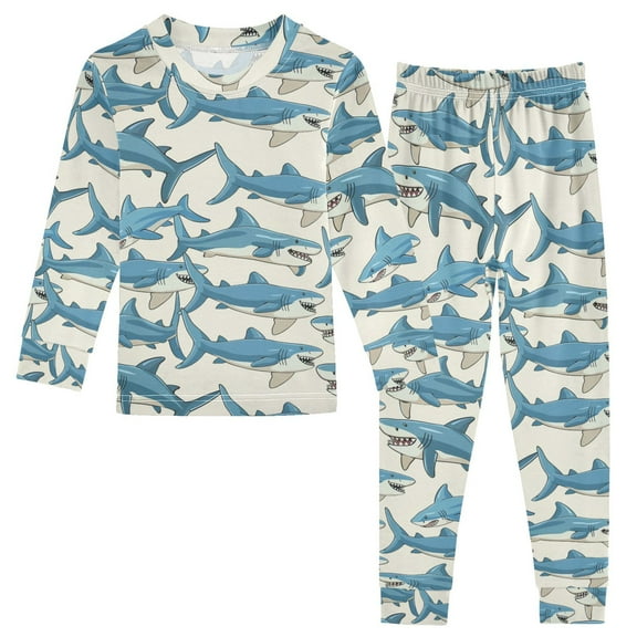 joogoo Shark on Beige 2 Piece Long Sleeve Tee and Pants Cotton Pajama Set 5Y