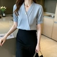 thumbnail image 2 of Olyvenn Women's Fall 2025 Casual Blouses Short Sleeve V Neck Solid Button Front Puff Sleeve Blouse for Top Shirt Tee Blue XXL, 2 of 5