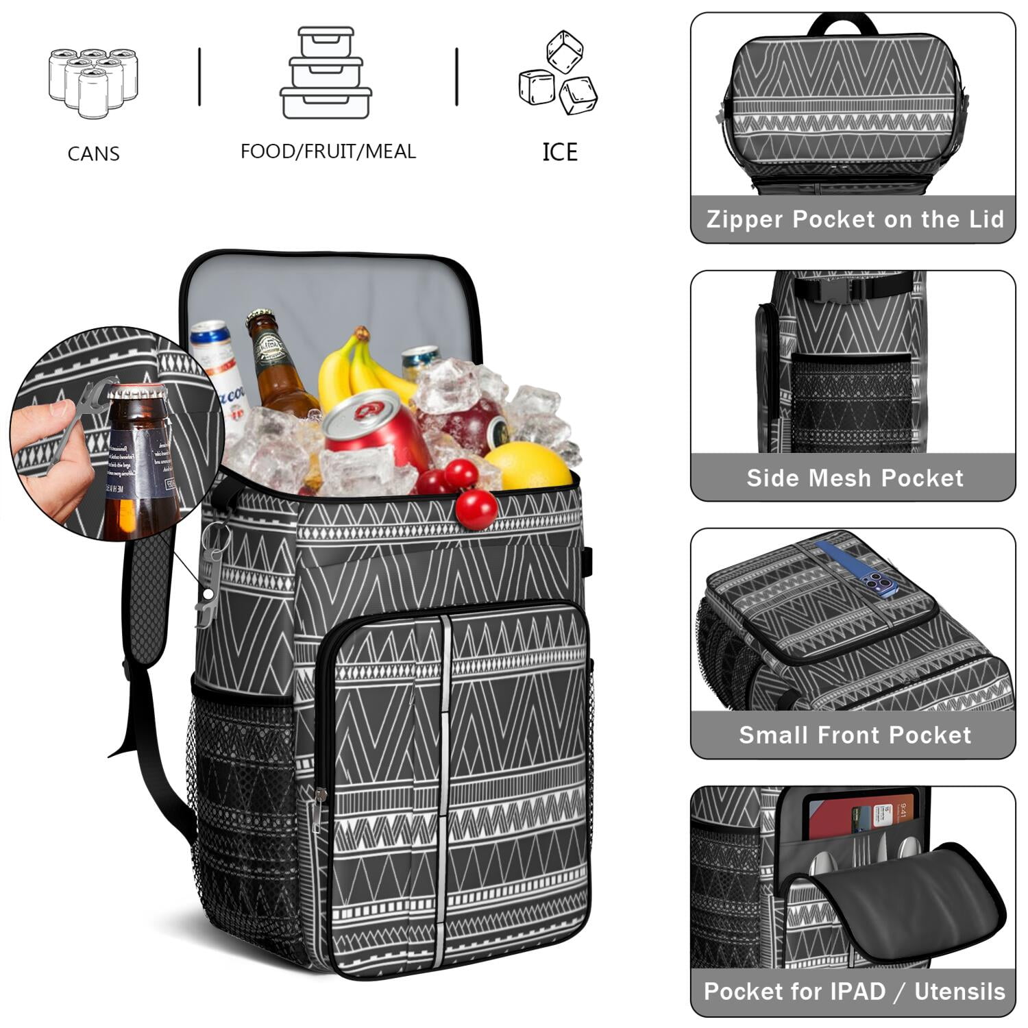 Travel Cooler Bag - Boho Bohemia Pioneer Flower Geometric Line Art Camping Beer Cooler Backpack with Bottle Opener- Waterproof Insulated Picnic Backpacks - Cooler Bag for Beach