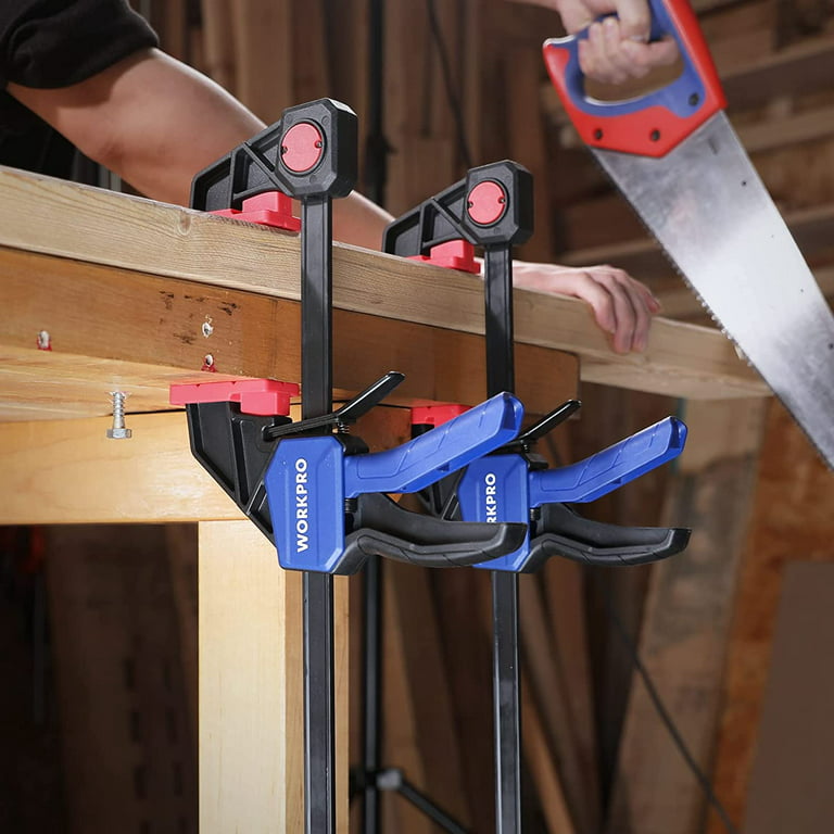 WORKPRO 6”/12” Bar Clamps for Woodworking, 150/300lbs CAP, One-Handed Clamp/Spreader,  Quick-Clamp F Wood Clamps Set for Hand Wood Working Crafts Grip Gluing, 2PC  6” Light Duty & 2PC 12” Medium Duty 