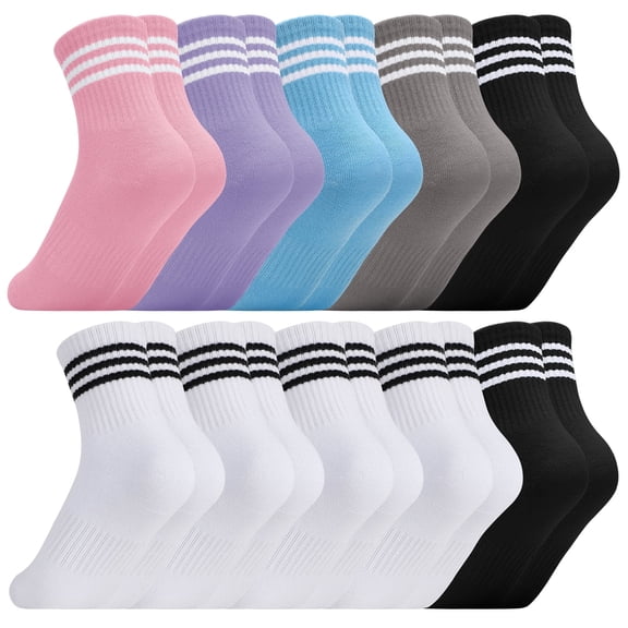 Bocaoying 10 Pack Kids Stripe Cotton Crew Socks, Colorful Retro Stripe Athletic Hosiery Socks for Kids 6-10
