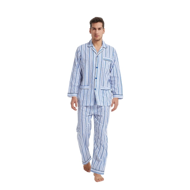 GLOBAL Conjuntos de Pijamas de Algodón para Hombre, Ropa de Dormir de Manga Larga con Botones, Ropa de Dormir Cómoda, Conjunto de Pijama Suave con Rayas Azules L