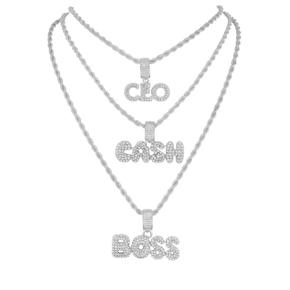 Deck Your Neck with This Iced Out Selection of Layered Hip Hop Word Pendents on Twisted Rope Chains. Elevate Your Look - Shout Out Your Vibe! - GJM Neck 297 SILVER
