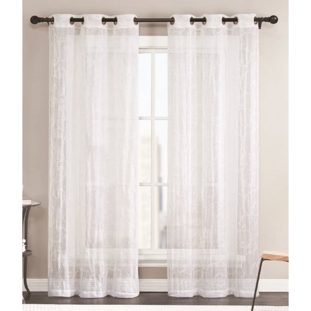 Sheer Grommet Window Curtain Panel Pair with White Scroll Design, 76inX84in (White) Walmart