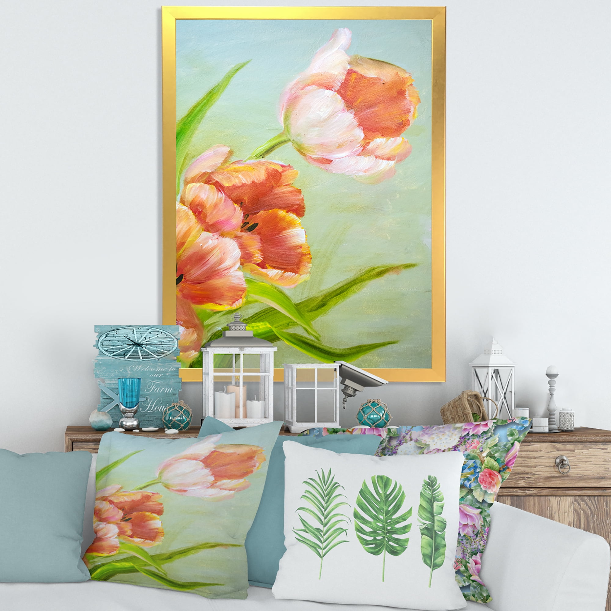 Designart 'Ancient Red Tulips Flowers I' Traditional Framed Art Print
