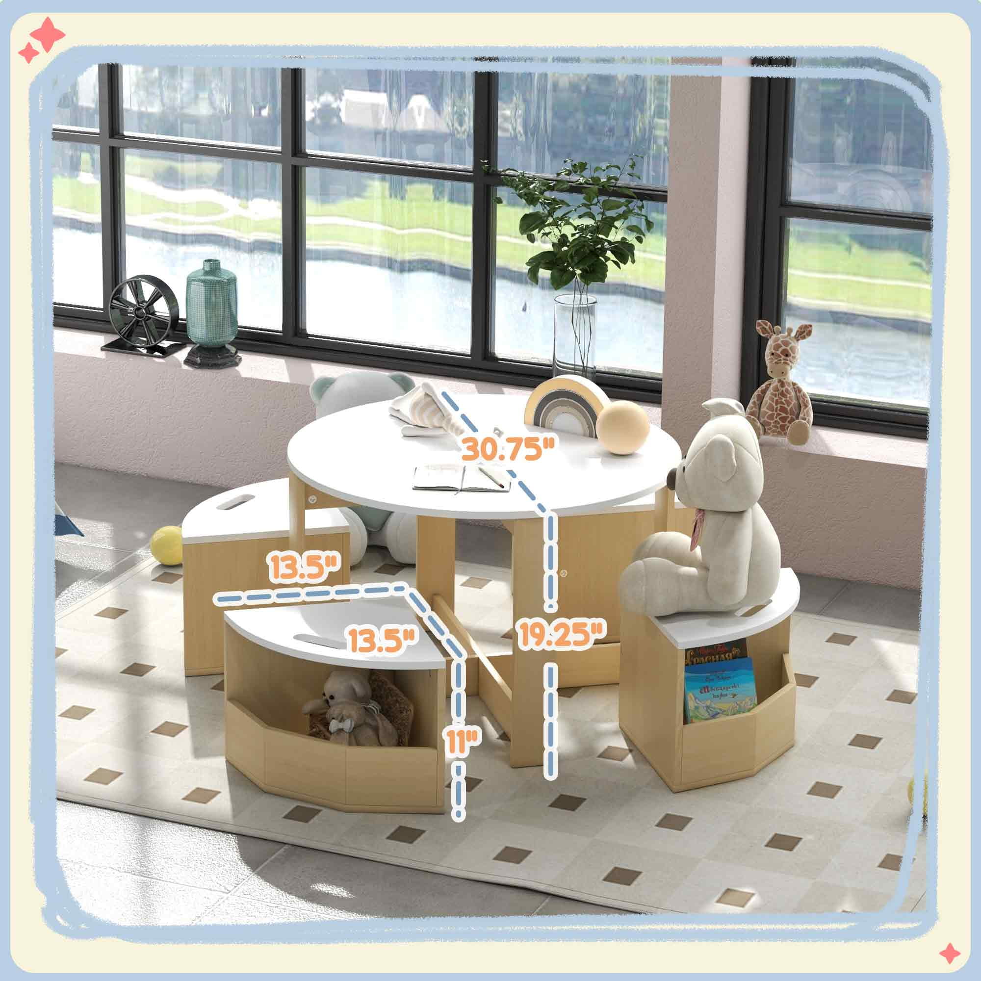 Qaba 5 Piece Kids Table and Chairs Set with Storage for Activities, White