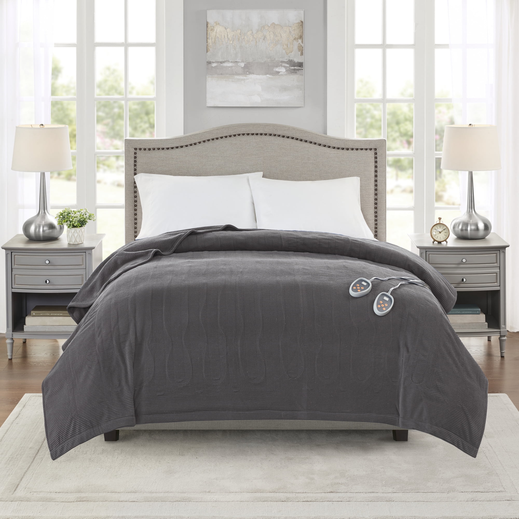 Beautyrest Electric Micro Fleece Heated Solid Blanket, Full, Gray
