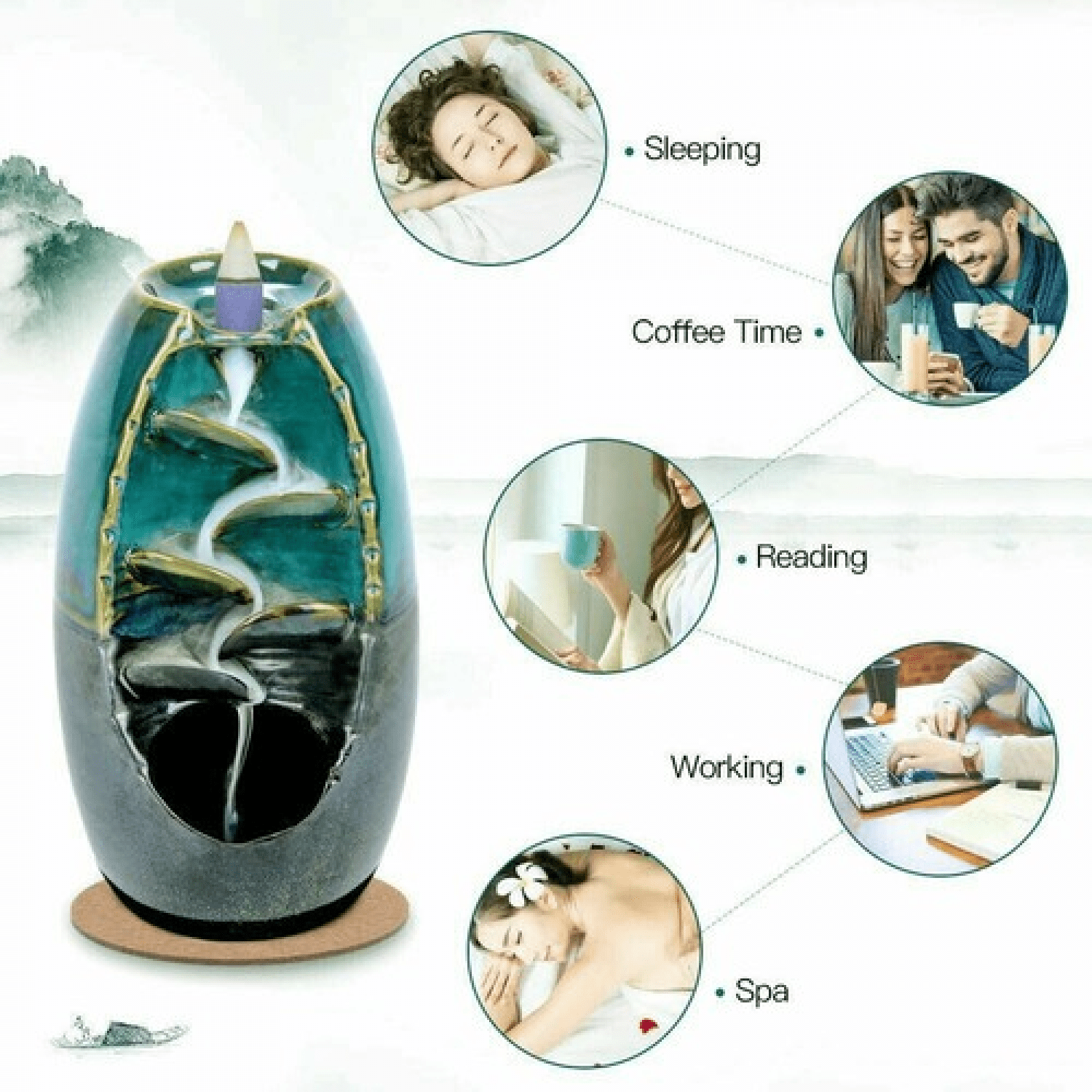 Ceramic Smoke Backflow Waterfall Incense Burner Censer Holder Decor Free 100Cone