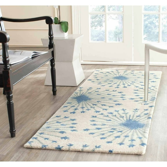 SAFAVIEH Bella Owen Fire Burst Wool Runner Rug, Beige/Blue, 2'3" x 7'